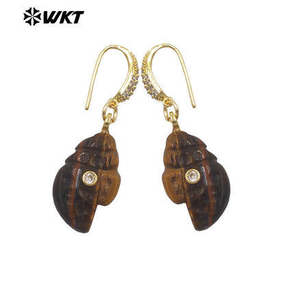 WT-E828 New Product Zircon And Various Natural Gemstones Conch Shape Gold Earrings For Girls Summer Beach Wearing Accessory