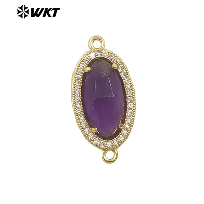 WT-C334 New Arrivals 18K Gold Plated Small Zircon Oval Multicolored Gemstone Necklace Pendant Connector Jewelry Accessories