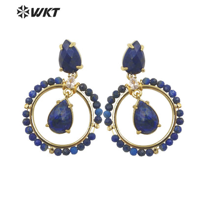 WT-E714 WKT Newest Summer Design Gorgeous Multi Natural Gemstone Big Hoop Earrings Gold Plated Lead Free Amazonite Stone Studs