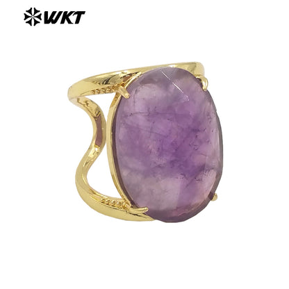 WT-R525 Simple Design 18K Real Gold Plated Claw Setting Faceted Natural Stone Cocktail Women Ring in Available Size