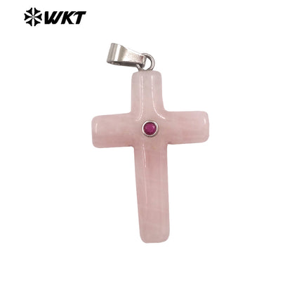 WT-P2070 Religious Style Silver Plated Zircon And Multi Natural Gemstones Cross Pendants As Boy Girl Handmade Jewelry Making