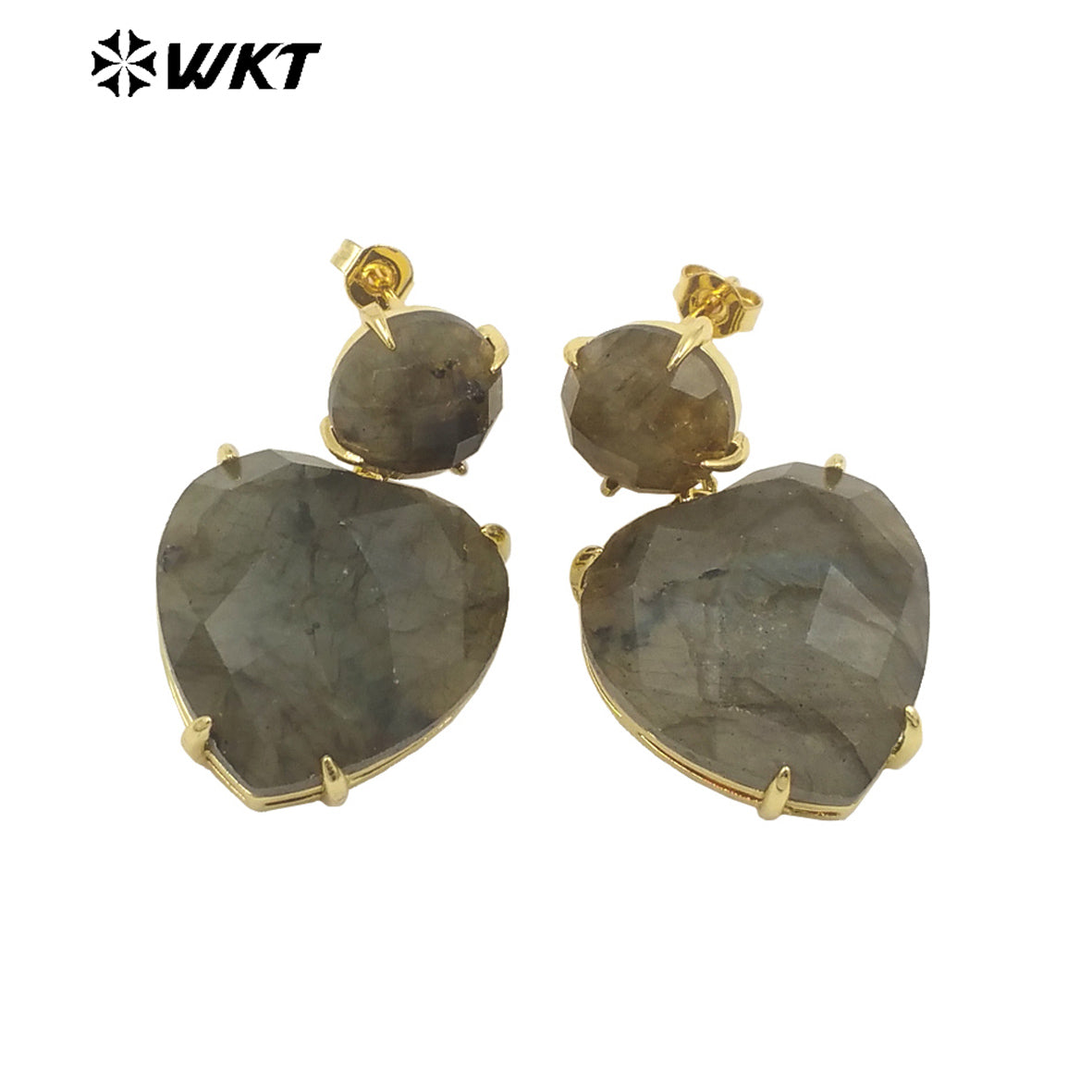 WT-E719 First Choice Hot Natural Gemstone Carved Heart Earrings for Lovers 18k Gold Plated Lapis Amethyst Stone Anniversary Stud