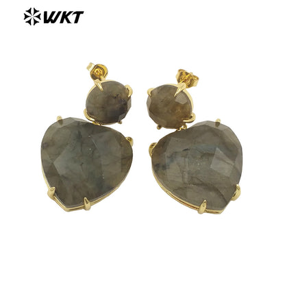 WT-E719 First Choice Hot Natural Gemstone Carved Heart Earrings for Lovers 18k Gold Plated Lapis Amethyst Stone Anniversary Stud