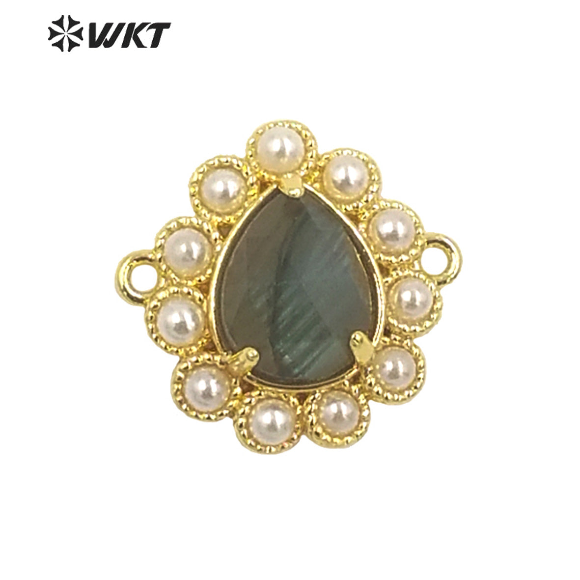 WT-PC008 Delicate Fashion 18K Real Gold Plated Resist Tarnishable Gemstone Carved Drop Pearl Connectors