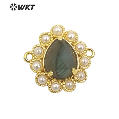 WT-PC008 Delicate Fashion 18K Real Gold Plated Resist Tarnishable Gemstone Carved Drop Pearl Connectors