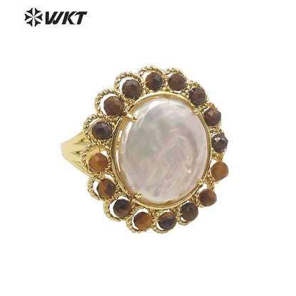 WT-MPR061 Vintage Design Natural Stone & Freshwater Pearl Stravagante 18k Gold Plating Women Pearl Boho Ring for Gift