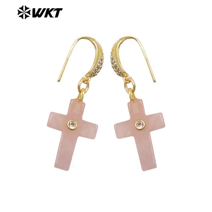 WT-E819 Popular Fashionable Zircon And Natural Gemstones Cross Design Gold Earrings As Female Wedding Matching Jewelry