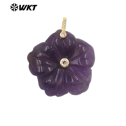 WT-P2029 Delicate Fashion Zircon And Natural Gemstones Hand Carved Lovely Flower Shape Pendant For Ladies Jewelry Making