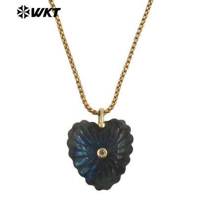 WT-N1524 Romantic Design Gold Chain And Various Natural Gemstones Carved Heart Shape Pendant Necklaces As Valentines’s Day Gift