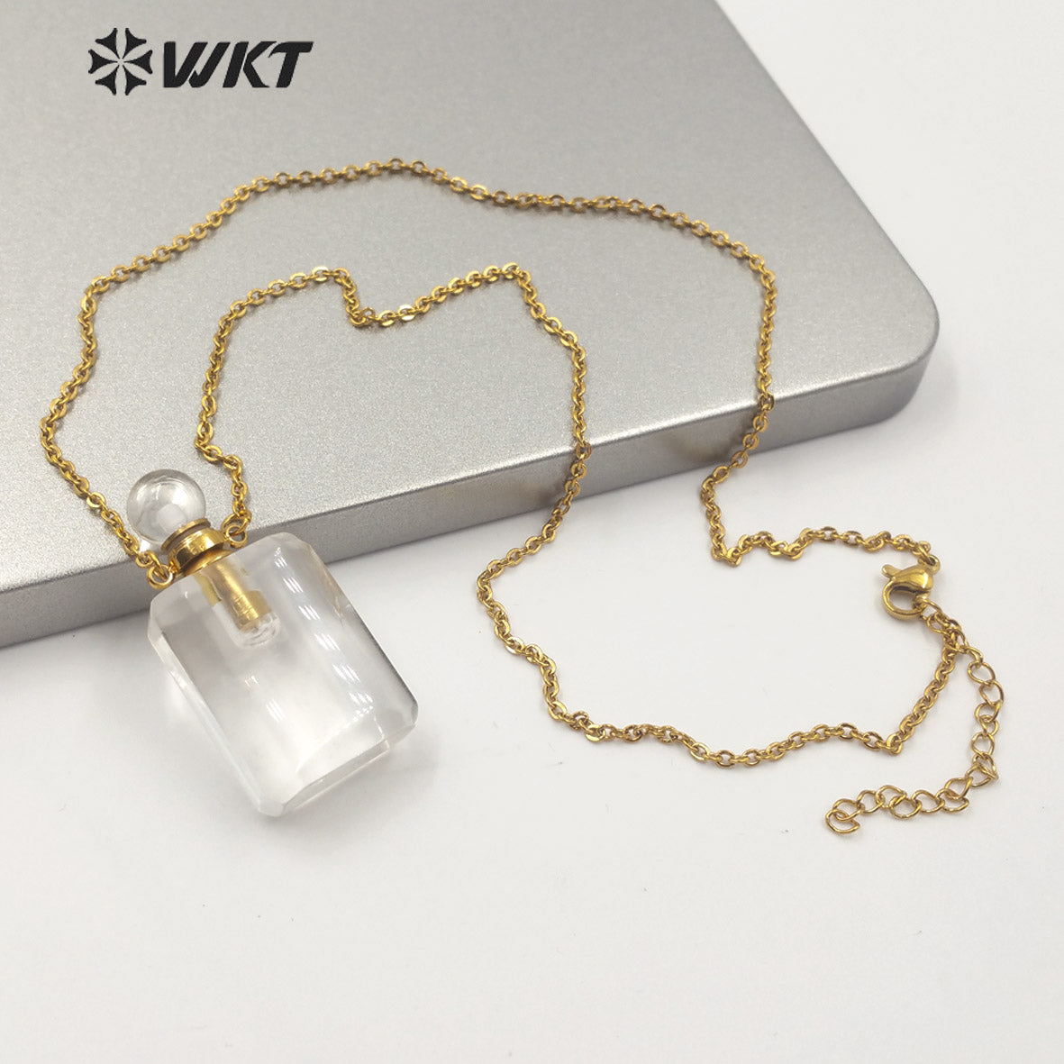 WT-N1190 New Exclusive Design Natural Gemstone Perfume Bottle Necklace in 18k Gold Plated Stylish Perfume Bottle Necklace