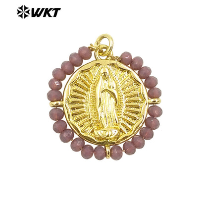 WT-MN986 Amazing New Hand Made Design Wire Wrapped Beads Decorate Big Round Religious Virgin of Guadalupe Necklace