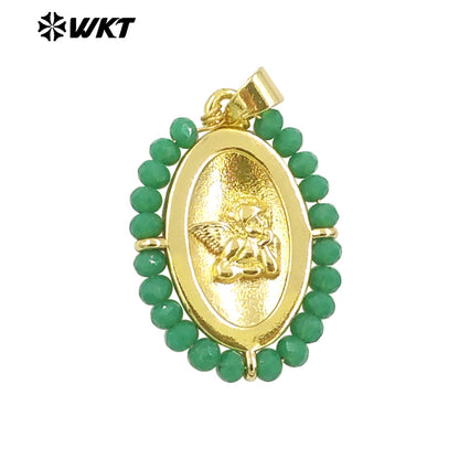 WT-MN994 2024 New Popular Gold Plated With Handmade Crystal Wire Wrapped Beads Around Angel Medal Christian Jewelry Necklace