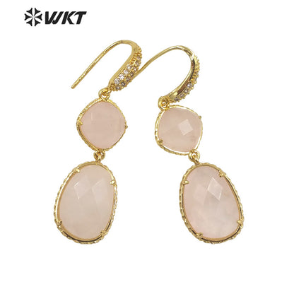 WT-E687 Wholesale Fashion Natural Amazonist Stone Earrings Women Amethyst Double Stone Prong Setting Gorgeous Earrings