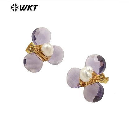 WT-E723 Women New Earrings Design Colorful Cat Eye Stone Flower Studs Handmade Wire Wrapped Pearl Leaf Fashion Girl Earrings
