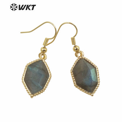 WT-E741 Amazing Colorful Elegant Natural Cat Eye Stone Hexagon Shaped Long Charming in Drop Earrings Women Pendant Earrings