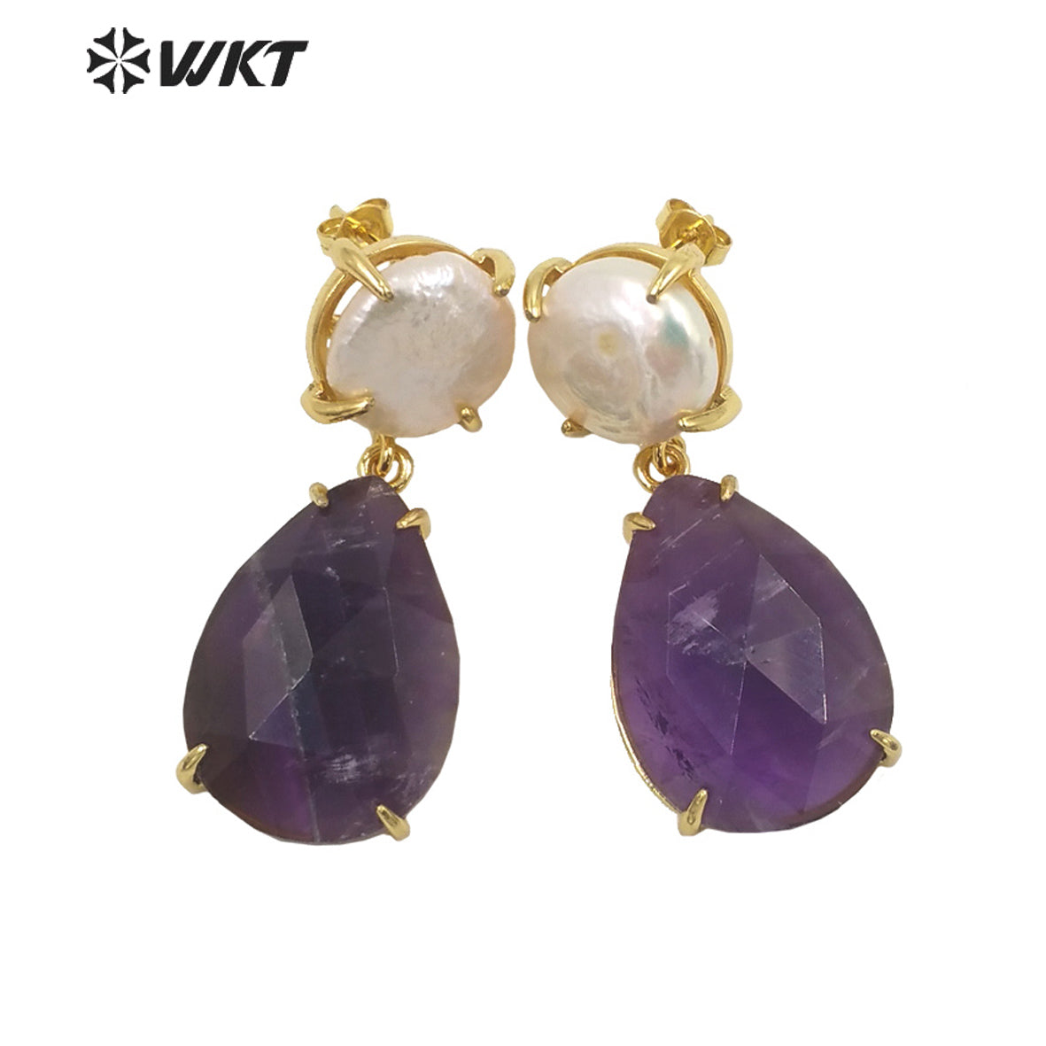 WT-E696 Amazing the Royal Nobility Gorgeous Design Women Natural Gemstone Teardrop Earrings with Pearl Studs in Resist Gold
