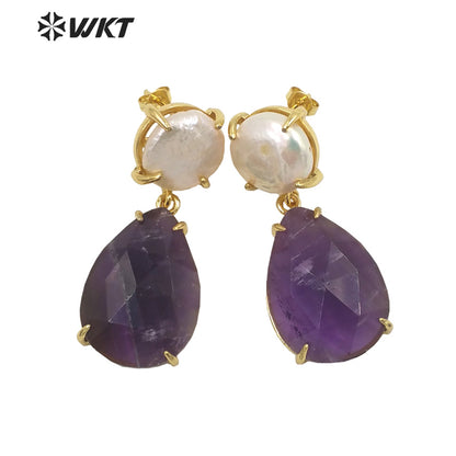 WT-E696 Amazing the Royal Nobility Gorgeous Design Women Natural Gemstone Teardrop Earrings with Pearl Studs in Resist Gold