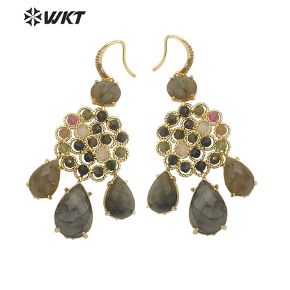 WT-E712 WKT Newest Precious Natural Gemstone Teardrop Earrings Labradorite Amethyst Stone Earrings for Party Gold Drop Earrings