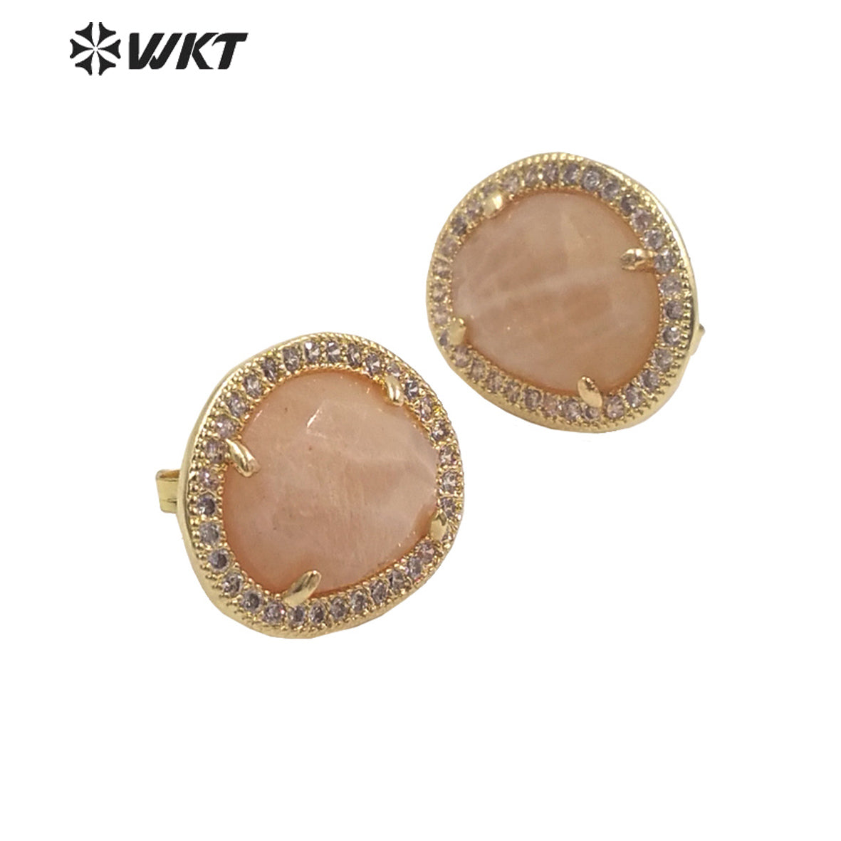 WT-ME085 WKT Natural Gemstone With Micropaved Cubic Zircon Studs Precious Birthday Stone Studs for Friend Gift