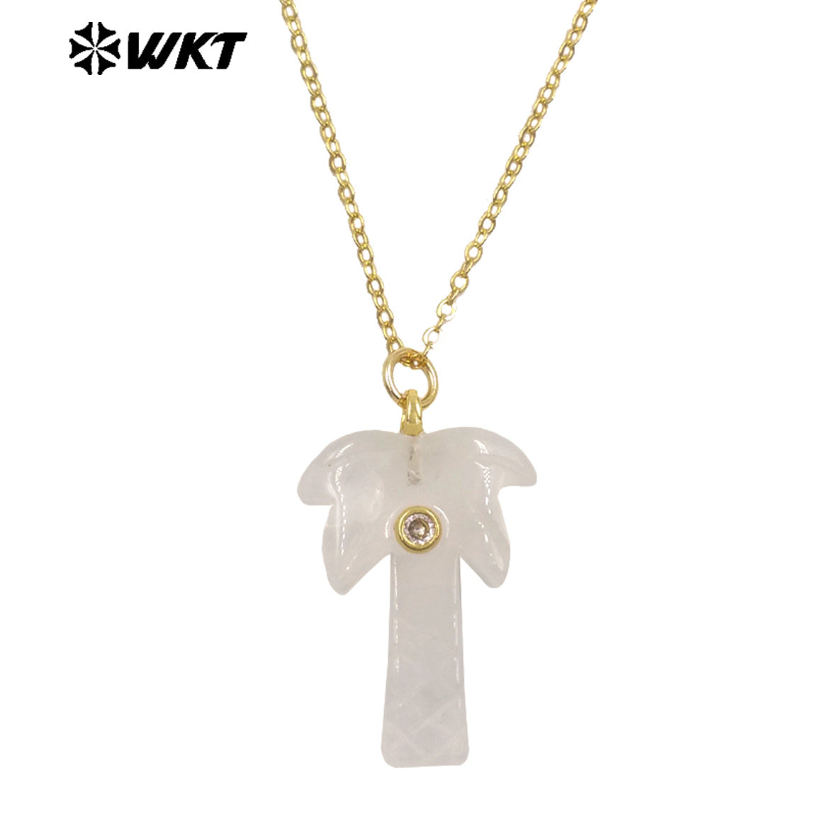 WT-N1534 Amazing Various Natural Gemstones Carved Coconut Trees Shape Charms Gold Necklaces For Women Fashionable Jewelry
