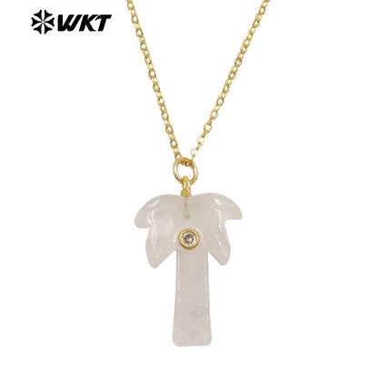 WT-N1534 Amazing Various Natural Gemstones Carved Coconut Trees Shape Charms Gold Necklaces For Women Fashionable Jewelry