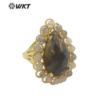 WT-R458 Gorgeous Invisible Setting Natural Teardrop Stone Ring 18k Gold Plated Precious Gemstone Drop Anniversary Ring