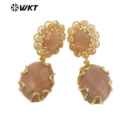 WT-E720 Gorgeous Faceted Stone Made Earrings Women Gold Claw Setting Handmade Sun Stone Dangle Earrings INS Hot Charming Earring