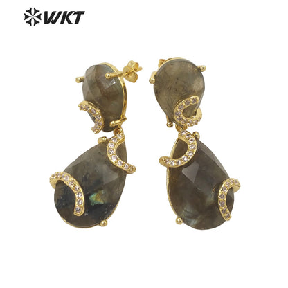 WT-E692 WKT New Design Colorful Spring Match Style Faceted Natural Stone Teardrop Earrings with Cubic Zircon Earrings for Party