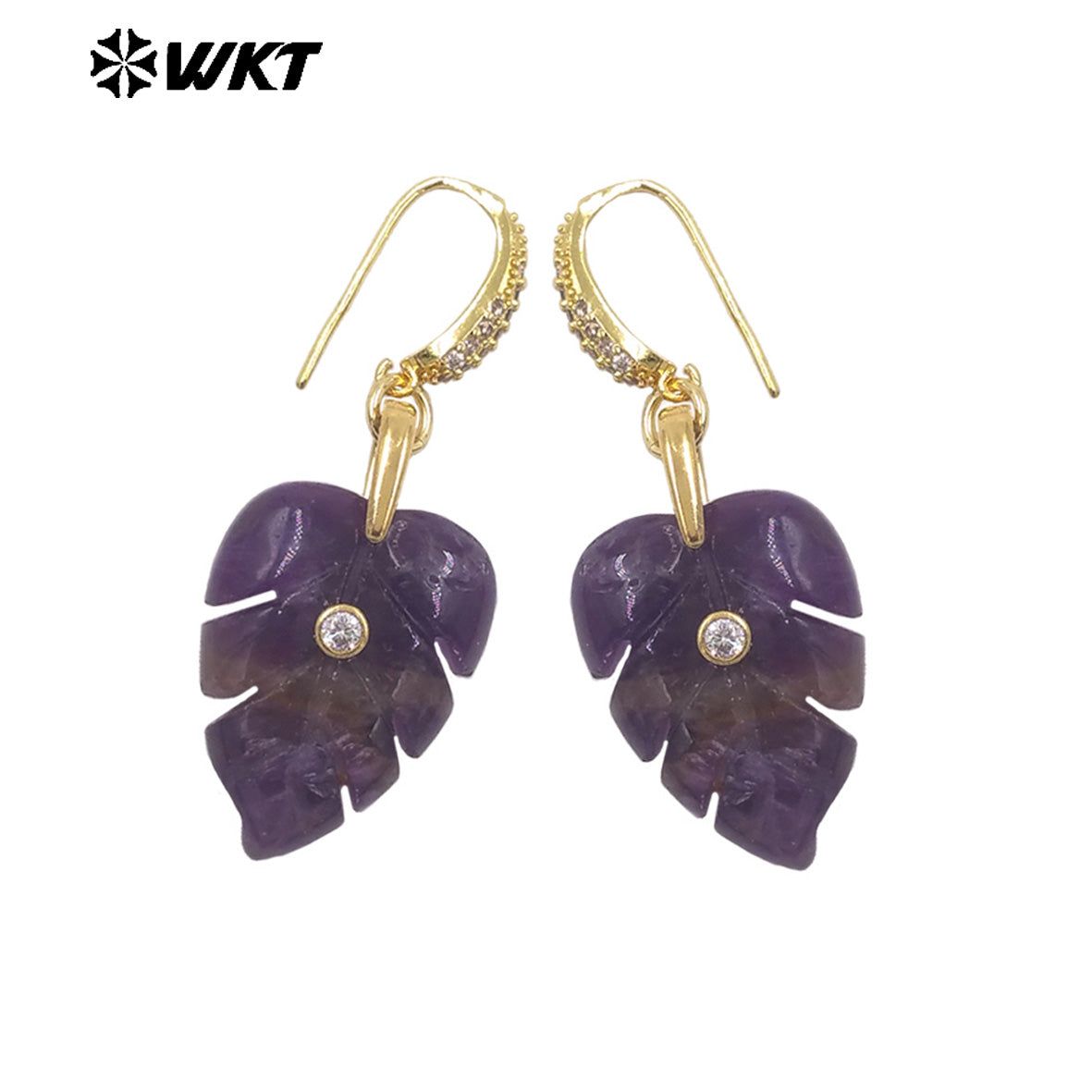 WT-E829 Wholesale Popular Zircon And Colorful Natural Gemstones Carved Leaf Shape Gold Earrings For Women Lovely Jewelry