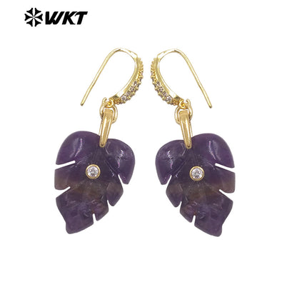 WT-E829 Wholesale Popular Zircon And Colorful Natural Gemstones Carved Leaf Shape Gold Earrings For Women Lovely Jewelry