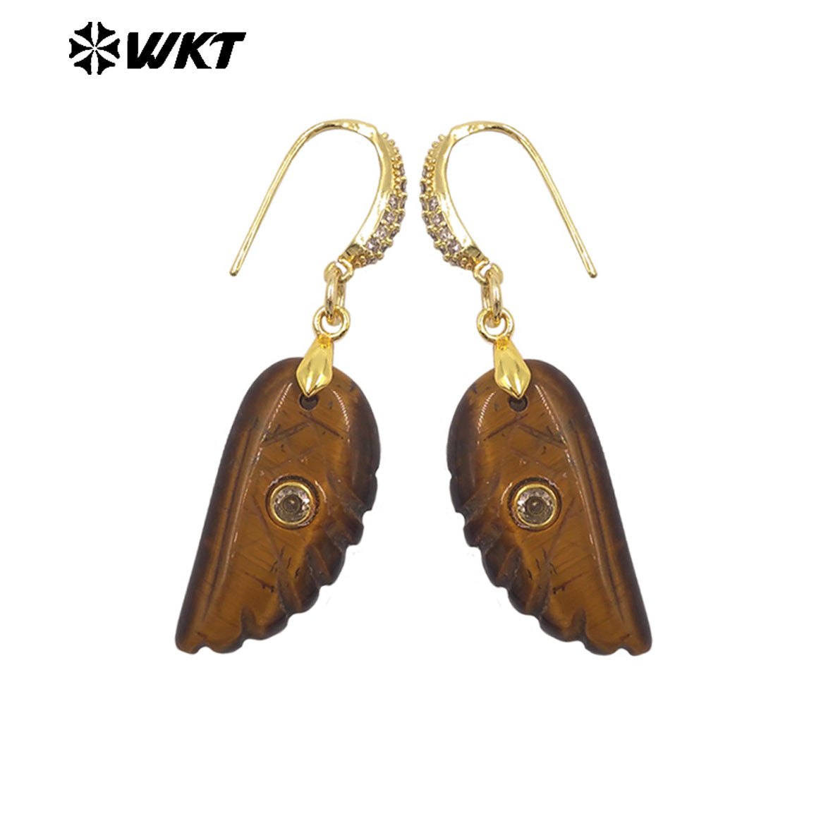 WT-E818 Wholesale Trendy Natural Gemstones Hand Carved Feather Shape Women Gold Earrings For Lady Dance Party Wearing Accessory