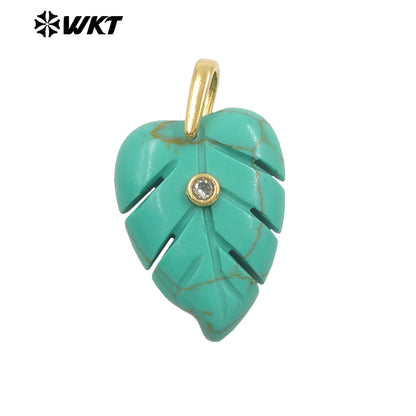 WT-P2141 Wonderful Zircon And Multi Colors Natural Gemstones Hand Carved Leaf Shape Gold Pendants For Lady Earrings DIY