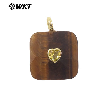 WT-P2105 Fashionable Heart Zircon And Multiple Natural Gemstones Facet Square Gold Pendants For Women Necklaces Design