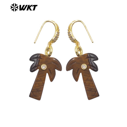 WT-E814 Beautiful Various Natural Gemstones Coconut Tree Shape Gold Pendant Earrings For Girls Summer Matching Jewelry