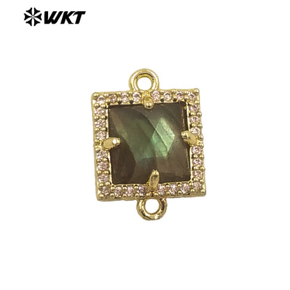 WT-P1993 Classic Wholesale Square Natural Labradorite Amethyst Gemstone Connector Pendant DIY Crafts CZ Accessory Charms