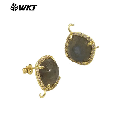 JFE120 Women Popular Fashion Gold Plated 10MM Square Natural Gemstone Amazonite Earring Studs With Hoop for DIY
