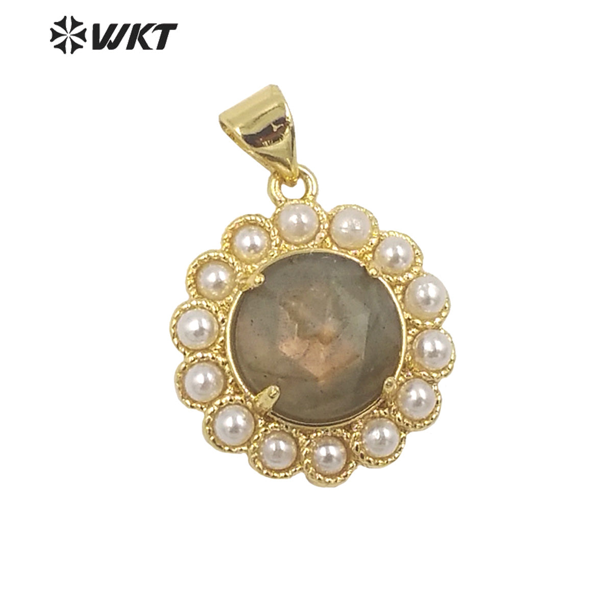 WT-JP358 Wholesale Fashion Gold Plated Stone With Claw Setting Artificial Shell Pearl Around Labradorite Gemstone Pendants