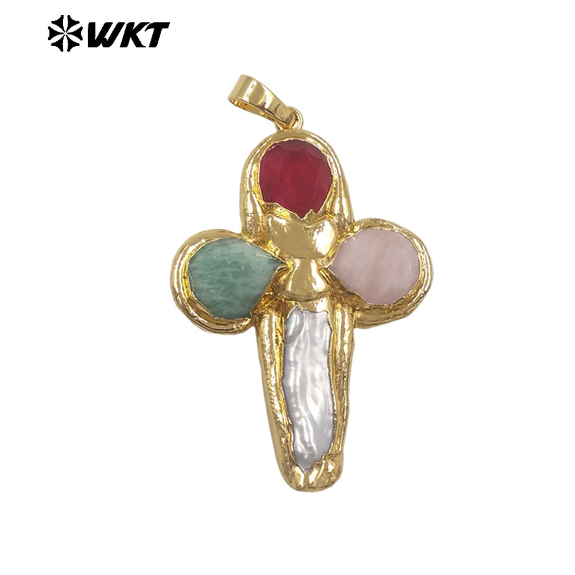 WT-JP382 Classic Cross Shape With Colored Natural Stone Pearl and 18k Gold Plated Pendant for Necklace Accessory