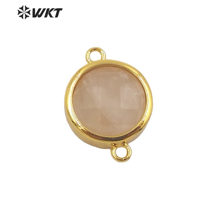 WT-C307 Wholesale Fashion Small Round Gold Bezel Jewelry Connectors Delicate Double Loops Natural Gemstone Charms in 12mm