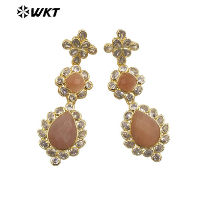 WT-ME088 WKT New Design 18K Real Gold Plated Multi Kinds of Gemstone Earrings Natural Lapis Drop Long Stone Studs for Gift