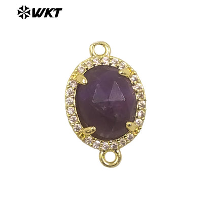 WT-C336 Stylish Little Zircon Round Colorful Natural Gemstone Double Hoop Connector Pendant for Women DIY Necklace Accessories