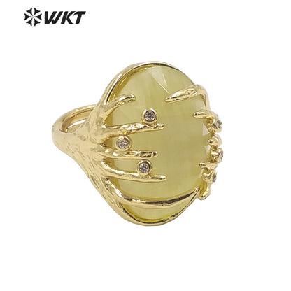 WT-R453 Wholesale Fashion Gold Bezel Claw Setting Oval Stone Ring Women Unique Trendy Cat Eye Stone Made Jewelry Party Ring
