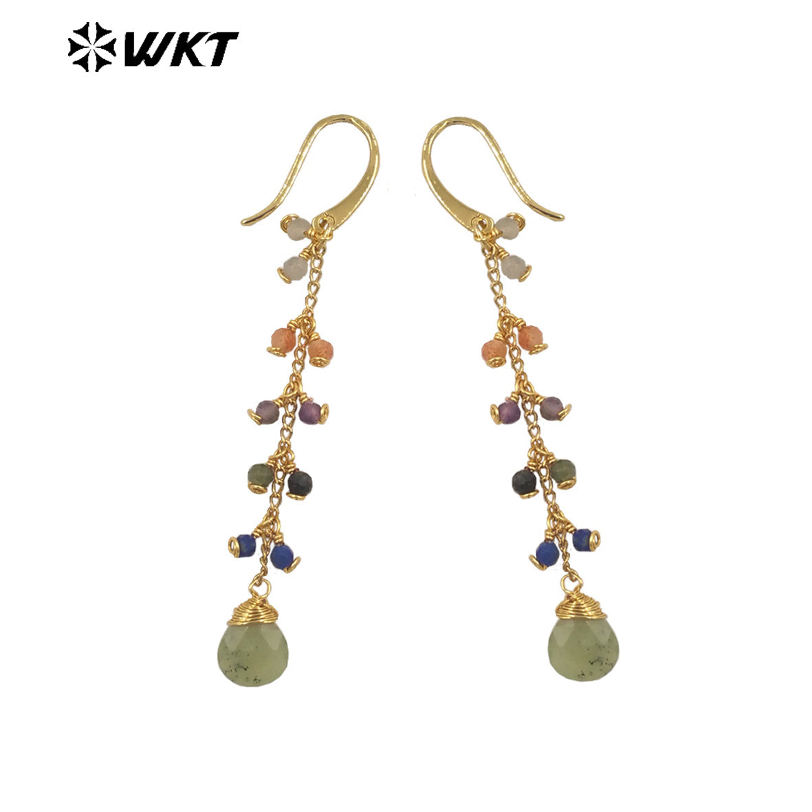 WT-E725 Amazing Colorful Gemstone Wire Wrapped Long Charming Earrings Women Dangle Gold Birthday Stone Earrings in Drop