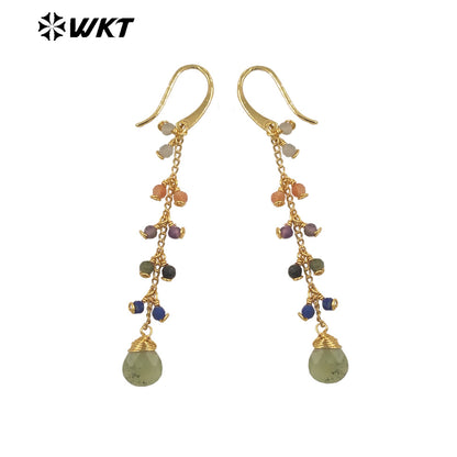 WT-E725 Amazing Colorful Gemstone Wire Wrapped Long Charming Earrings Women Dangle Gold Birthday Stone Earrings in Drop