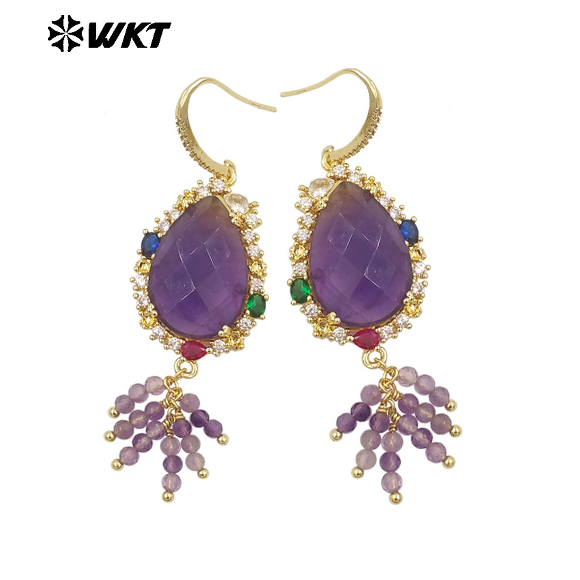 WT-ME107 WKT New Design Most Popular Handmade Wire Wrapped Tiny Beads Dangle Drop Stone Earring With Hoop Gold Party Studs
