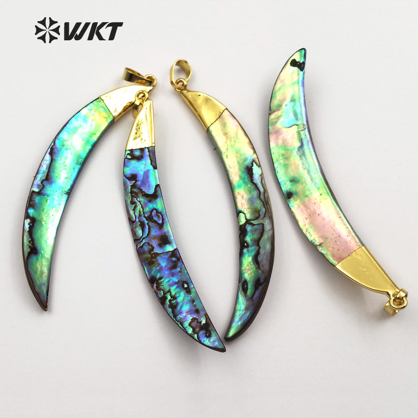 WT-P522 Wholesale Natural Abalone Shell Pendants Long Tusk Shell Abalone Pendants 18k Real Gold Plated Top Abalone Horn Pendants