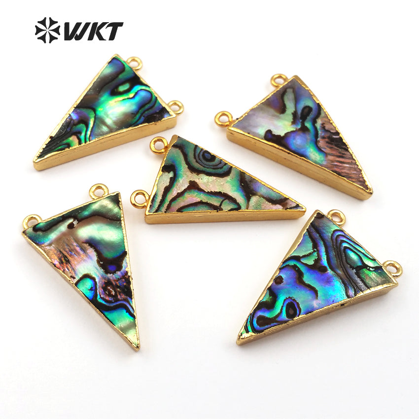 WT-P641 Wholesale Abalone Triangle Pendant, Fashion Abalone Pendant Jewelry Women Gold Trim Double Loops Shell Jewelry Pendant