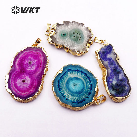 WT-P1367 Wholesale Natural Stone Pendant Random Shape Raw Stone with Gold Metal Electroplated Multi Color Available