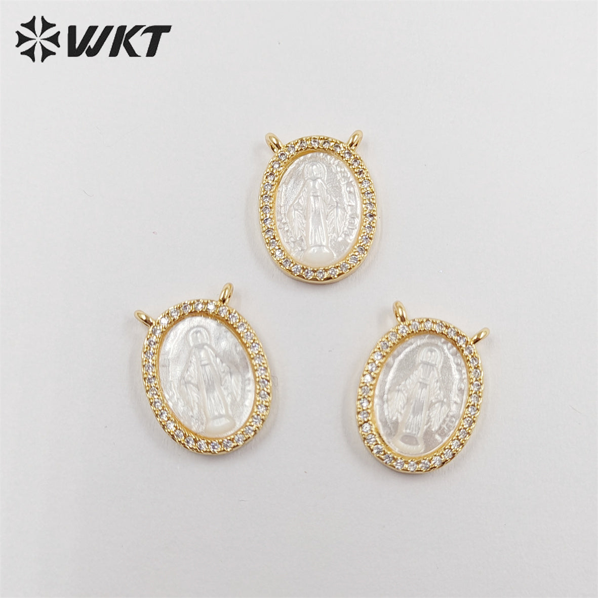WT-JP329 Newest Lovely Micropaved Cubic Zircon Shell Miraculous Medal Pendant MOP Double Loops Religious Guadalupe Pendant