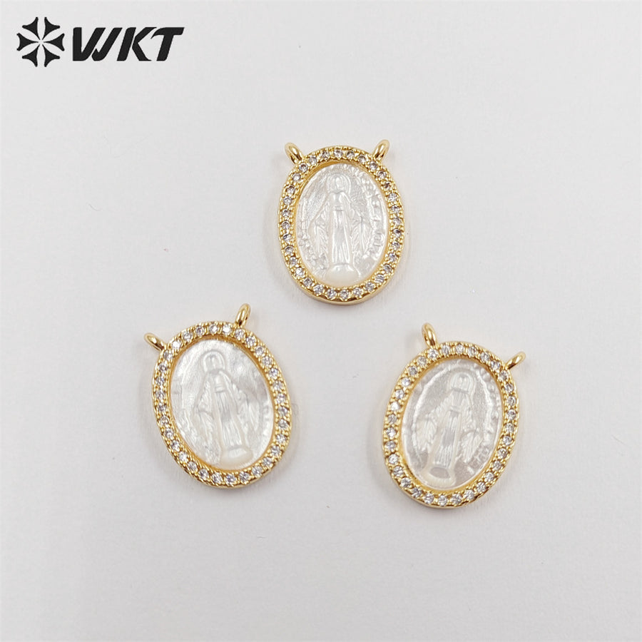 WT-JP329 Newest Lovely Micropaved Cubic Zircon Shell Miraculous Medal Pendant MOP Double Loops Religious Guadalupe Pendant
